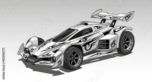 Futuristic race car design with aerodynamic features and detailed graphics.
