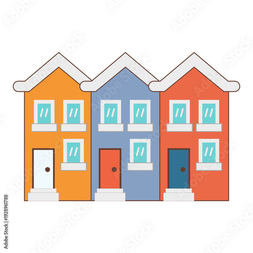 Townhouse row illustrations depict connected urban homes in residential blocks. Suitable for real estate platforms, city planning visuals, property listings, and housing development presentations.