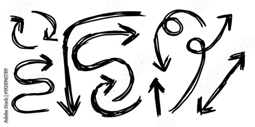 Set scratch arrow icon vector for rough alternative posters. Ideal for symbolizing edgy directions, grunge navigation, and raw artistic pathways in urban designs.