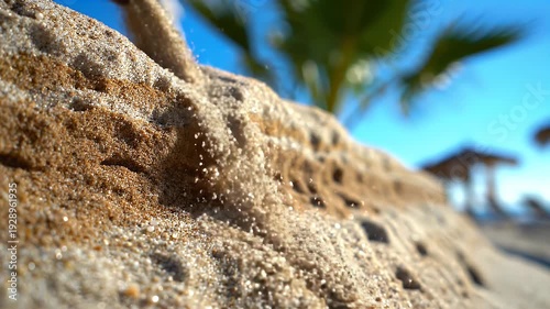Sandy beach detail with palm tree and clear blue sky