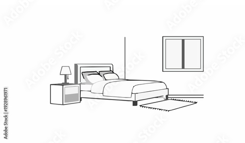 Bedroom Interior Outline Icon Editable Stroke Vector Double Bed and Nightstand Linear Illustration