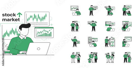Stock market investment line icon set with trader, analytics dashboard, financial charts, growth and business strategy