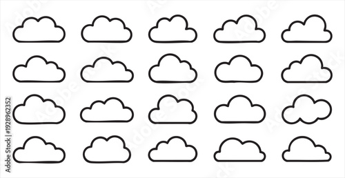 Simple cloud outline icons set with various hand drawn styles for weather forecasting and web icons