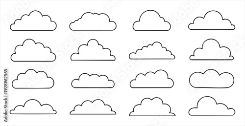 Set of black and white cloud icons of various shapes, weather forecast symbol, vector