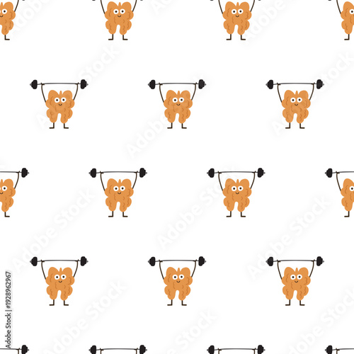 Weightlifting Walnut Pressing Barbell Overhead Seamless Pattern. Strong Nut Character Hand Drawn Vector