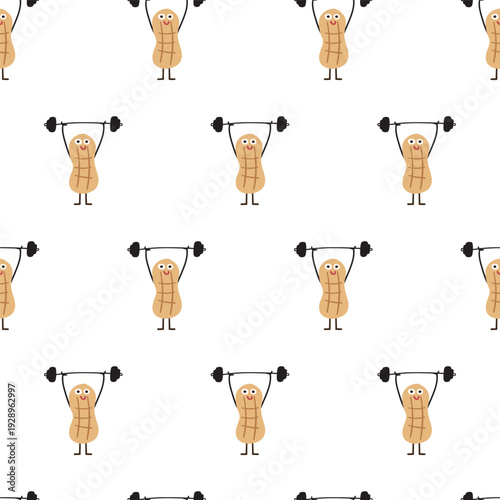Peanut Powerlifting Heavy Barbell Seamless Pattern Design. Funny Fitness Food Mascot Illustration