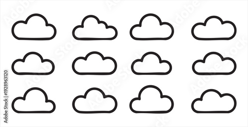 Set of simple thick line cloud icons, various shapes, weather forecast symbol, vector