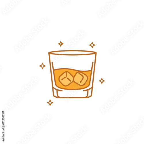 Illustration of a glass of whiskey with ice cubes and sparkles
