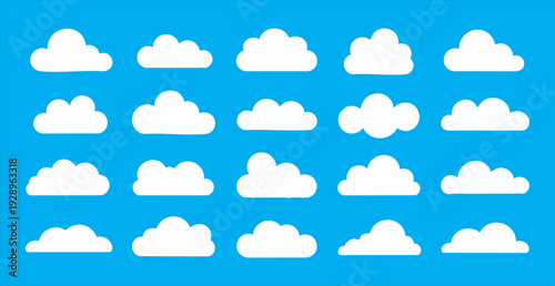Set of white clouds of various shapes on blue background, weather forecast symbol, vector