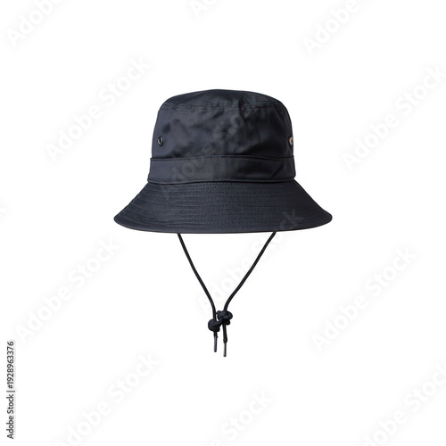 Navy blue bucket hat with decorative rope band and adjustable chin cord for sun protection