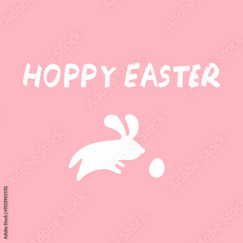 Jumping Bunny Silhouette Chasing Easter Egg with Hoppy Easter Text on Pink Background. Hand Lettered Vector