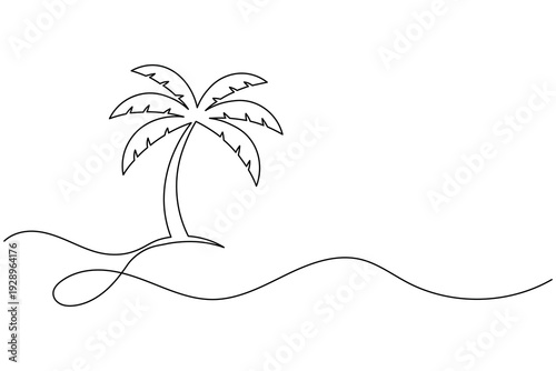 Minimalist Palm Tree One Line Drawing Tropical Beach Sea Wave Monoline Vector Icon