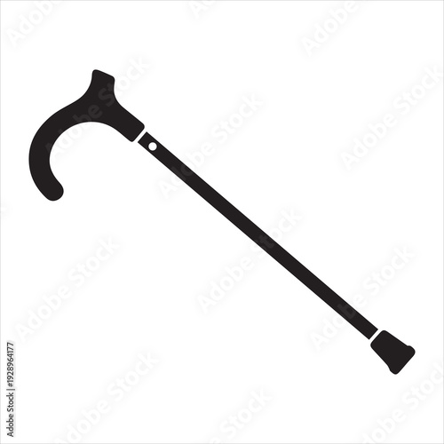 Black silhouette icon of a walking cane, a crucial mobility aid for the elderly and disabled, symbolizing support, independence, and daily assistance.
