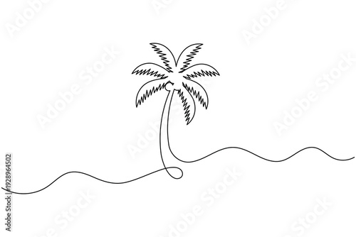 Artistic Palm Tree One Line Art Wavy Beach Shore Minimalist Tropical Outline