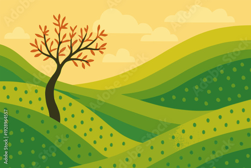 a beautiful tree grow on the green rolling hills nature landscape view background flat color vector illustration template design
