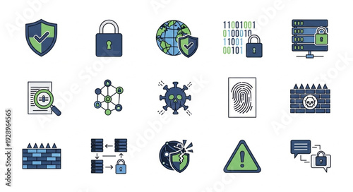 Cybersecurity and data protection icons representing digital safety and security measures.