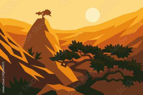 beautiful mountain view landscape in autumn season background flat color vector illustration template design