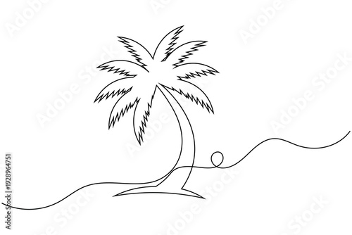 Continuous one line drawing of palm tree with sea wave loop minimalist tropical nature vector icon