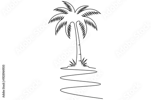 Continuous line drawing of a tall palm tree on a small island with zigzag path minimalist vector