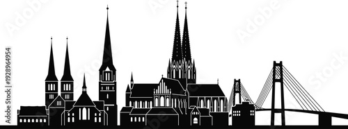 Cologne city skyline silhouette vector illustration, Cologne Cathedral and Hohenzollern Bridge black and white urban landmark design