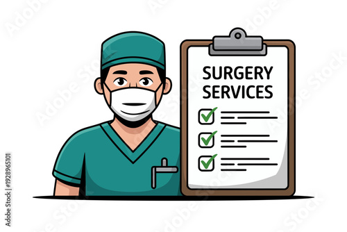 A smiling surgeon in green scrubs and a mask stands beside a clipboard with surgery services checklist