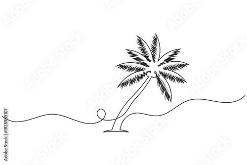 Single line drawing of a leaning palm tree and sea waves minimalist tropical island nature outline