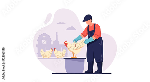 Farmer caring for a chicken on a farm.