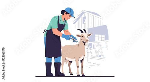 Farmer caring for a goat on a farm.