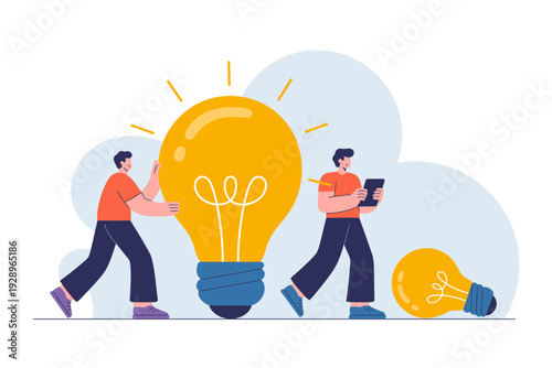 Two cartoon men pushing and pulling a large bright lightbulb with ideas and inspiration