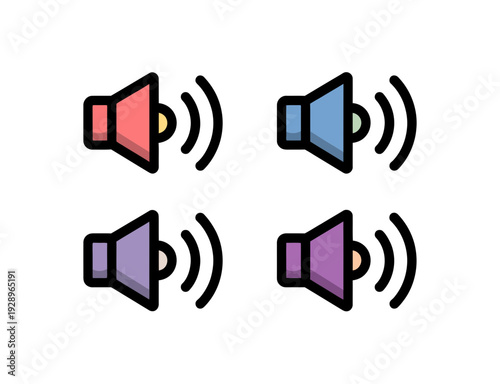 A colorful vector graphic illustration of four megaphones with sound waves on a white background
