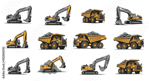 Collection of heavy construction vehicles in various working positions, detailed illustration.