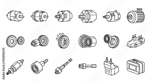 Collection of various mechanical parts and components in detailed illustration.