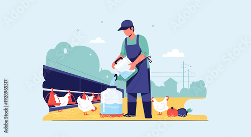 Farmer feeding chickens at a farm coop.