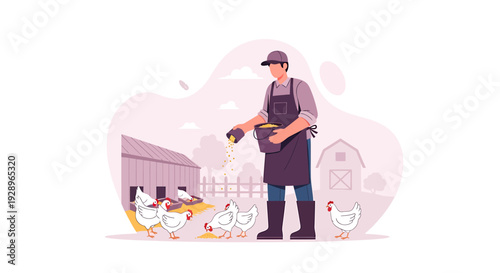 Farmer feeding chickens at a farm with barns.