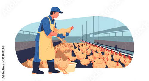 Farmer feeding chickens in a modern poultry farm building.