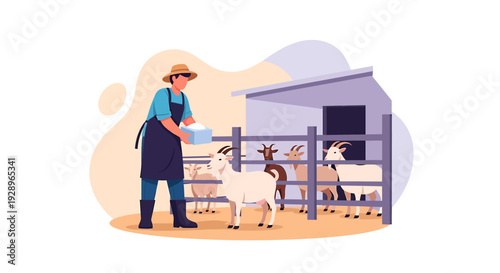 Farmer feeding goats at a farm enclosure.