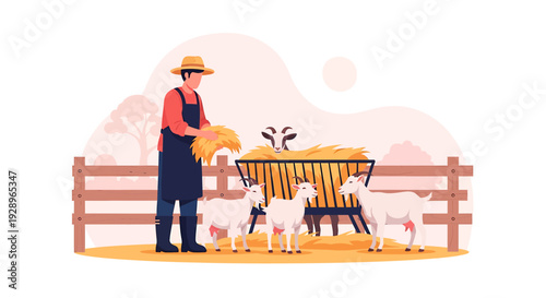 Farmer feeding goats at a farm with hay.