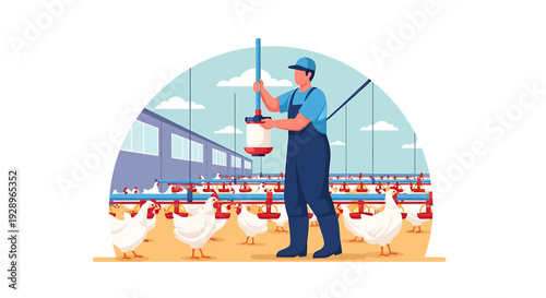 Farmer feeding chickens in a modern poultry farm building.