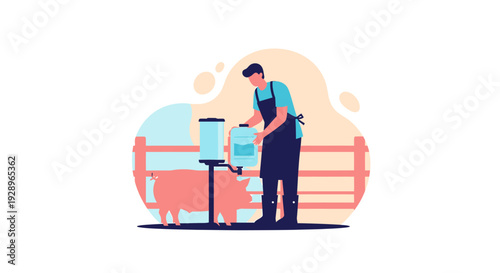 Farmer feeding pig at a farm with water dispenser.