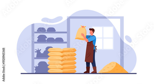 Farmer holding a bag of grain in a storage shed.