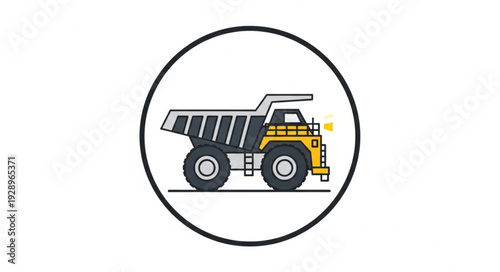 Heavy-duty mining truck illustration inside a black circular frame, isolated.