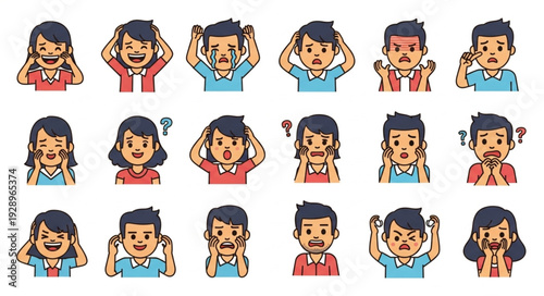 Diverse collection of people expressing various emotions with hand gestures and facial expressions.