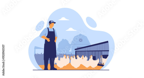 Farmer Overseeing Chickens in a Coop.