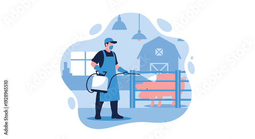 Farmer spraying disinfectant in barn for animal hygiene.