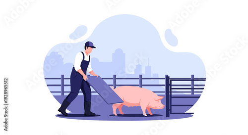 Farmer moving a pig on a farm with fence.