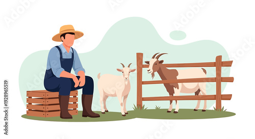 Farmer Resting Near Goats in a Paddock.