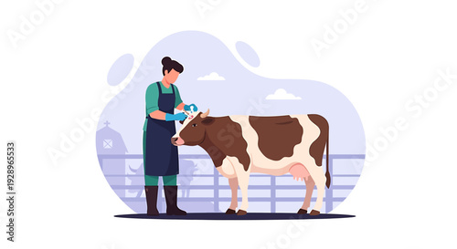 Farmer Tending to a Brown and White Cow on a Farm.