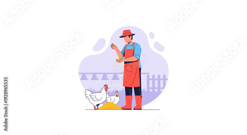 Farmer tending to chickens on a farm collecting eggs.