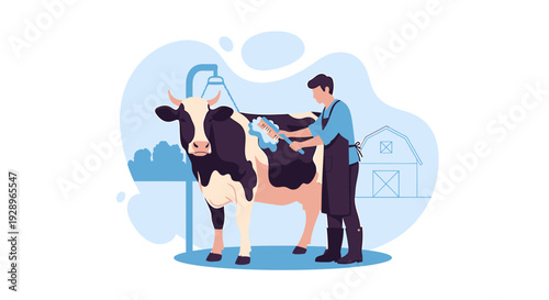 Farmer Washing a Dairy Cow Before Milking on a Farm.