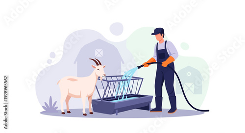 Farmer Washing Goat Feeder with Hose on Farm.